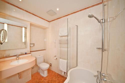 a bathroom with a shower and a sink and a toilet at Grand Hotel Cravat in Luxembourg