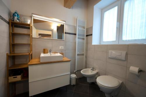 Un baño con lavabo, inodoro y espejo. en Appartamenti Rivantica, en Riva del Garda