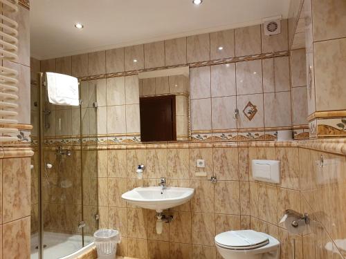 y baño con lavabo, aseo y espejo. en Villa Roma przy wyciągu na Szrenicę, en Szklarska Poręba