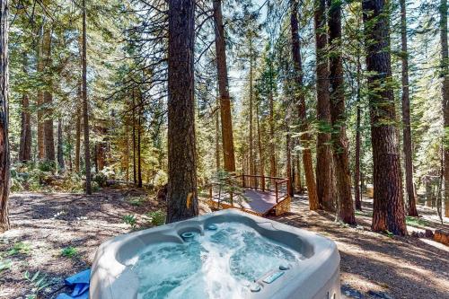a bath tub sitting in the middle of a forest at Under The Trees in Camp Connell