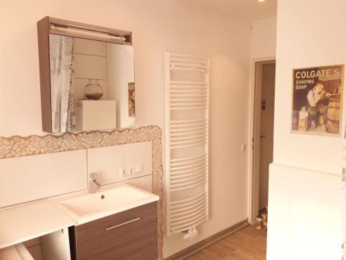 ein Bad mit einem Waschbecken und einem Spiegel in der Unterkunft Traumapartment Pöstlingberg, reservierter Parkplatz, 4 Schlafzimmer in Linz