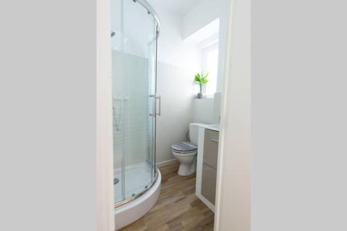 a bathroom with a glass shower and a toilet at C11 2P 5mins à pieds Palais des Festivals et Mer AC in Cannes