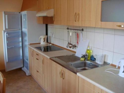 a kitchen with a sink and a refrigerator at Willa Muszelka Karwia in Karwia