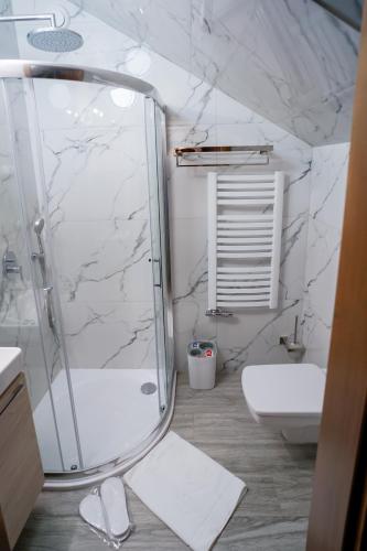 a white bathroom with a shower and a toilet at Apartamenty Liliowe SPA & Wellness in Murzasichle