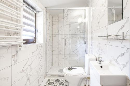 a white bathroom with a toilet and a sink at Kasieńka in Żarnowska