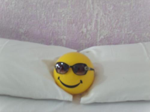 a yellow smiley face with sunglasses on a pillow at Pousada Edson in Caraguatatuba