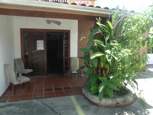 a door to a building with a chair and a plant at Pousada Edson in Caraguatatuba