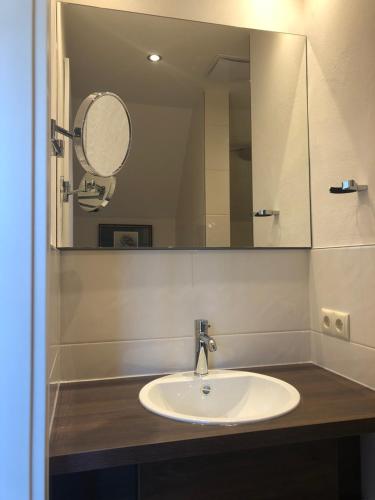 a bathroom with a sink and a mirror at Hotel Anno 1848 in Lindern