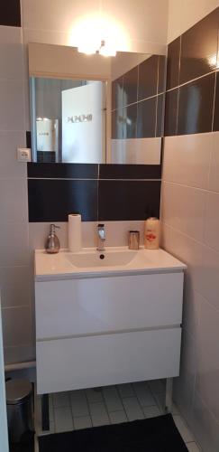 une salle de bain avec un lavabo blanc et un miroir dans l'établissement Studio Port Vénus Village Naturiste, au Cap d'Agde