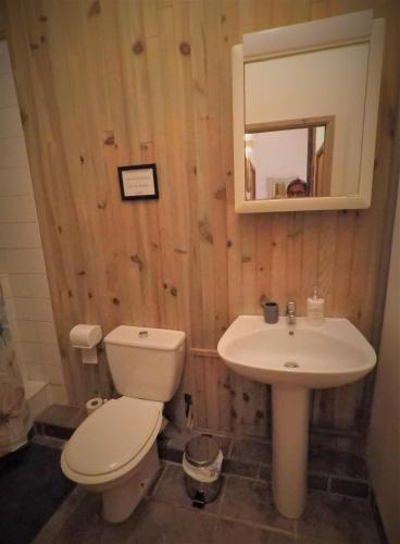 une salle de bain avec des toilettes blanches et un lavabo dans l'établissement La Libellule and Le Papillon gites at Les Leroux, near Frayssinet-le-Gelat, à Frayssinet-le-Gélat