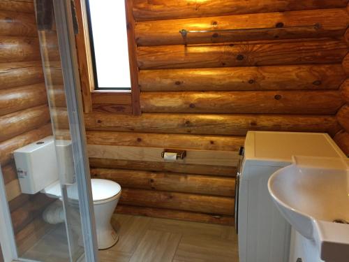y baño con aseo y lavamanos. en Mt Lyford Holiday Homes, en Mt Lyford