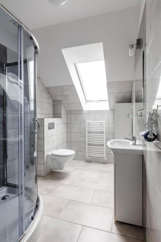 a bathroom with a shower and a toilet and a sink at Pokoje Gościnne TOPOLA in Kudowa-Zdrój