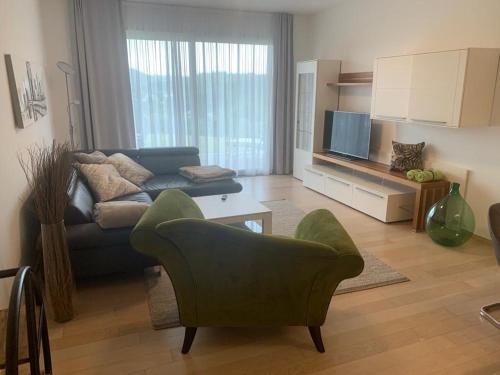 a living room with a couch and a tv at Apartment am Weinberg in Ehrenhausen