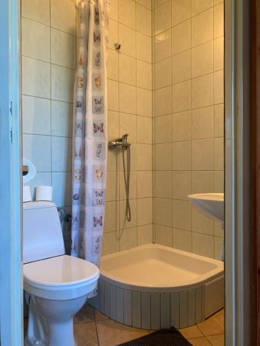 La salle de bains est pourvue d'une baignoire, de toilettes et d'une douche. dans l'établissement Agroturystyka u Królów, à Nowe Guty
