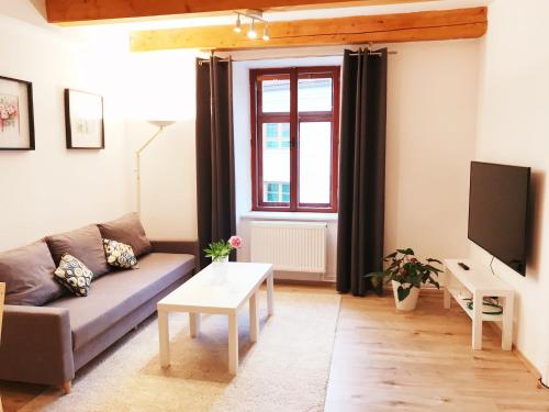salon z kanapą i telewizorem w obiekcie Apartmán 2KK Sauna and Aromatherapy w Igławie