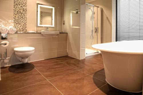 a bathroom with a toilet and a sink and a tub at Wivenhoe House Hotel in Colchester