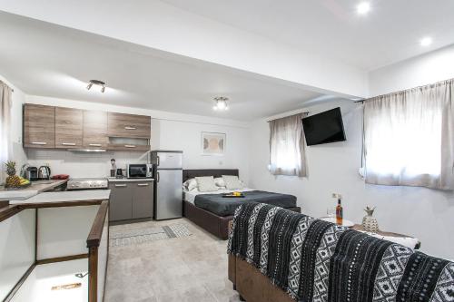 a kitchen and a living room with a bed in a room at Bohemian Townhouse in Skiathos Town