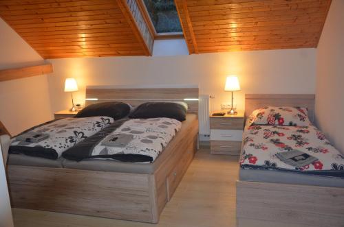 a bedroom with two twin beds and two lamps at penzion U Koníčka in Strážiště