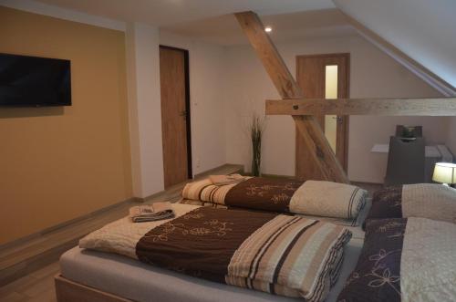 two beds in a room with a tv at penzion U Koníčka in Strážiště
