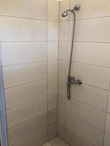 a shower in a bathroom with a glass door at Kedros Rooms in Prasonisi