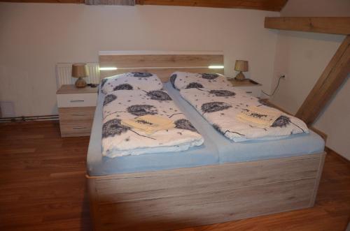 two beds in a bedroom with two pillows on them at penzion U Koníčka in Strážiště