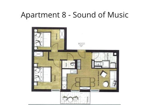 a floor plan of a small apartment sound of music at HOMEBOUND APARTMENTS Salzburg City II - contactless check-in in Salzburg