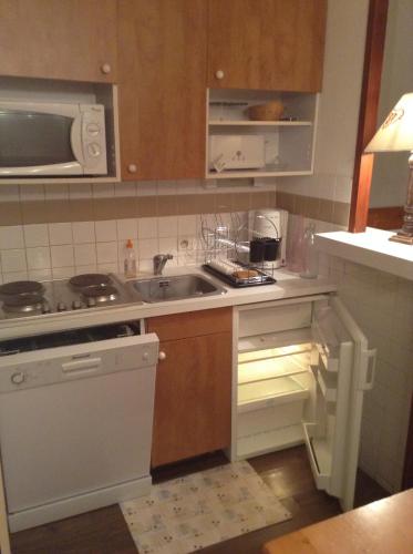 une cuisine avec un évier et une cuisinière four supérieur dans l'établissement Résidence Les Mélèzes, à L'Alpe-d'Huez