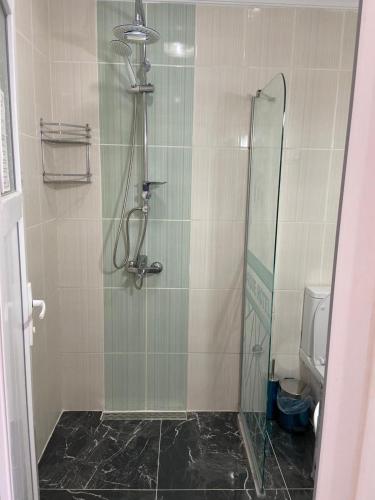 a bathroom with a shower with a glass door at Rose Hotel B&B in Patara