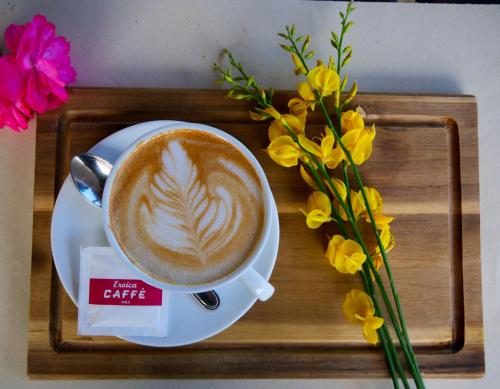 een kopje koffie op een dienblad met bloemen bij RICASOLI, Brolio Agriroom in Gaiole in Chianti