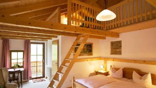 a bedroom with a loft bed and a ladder at Landgasthof Vogl - Zum Klement in Neukirchen beim Heiligen Blut