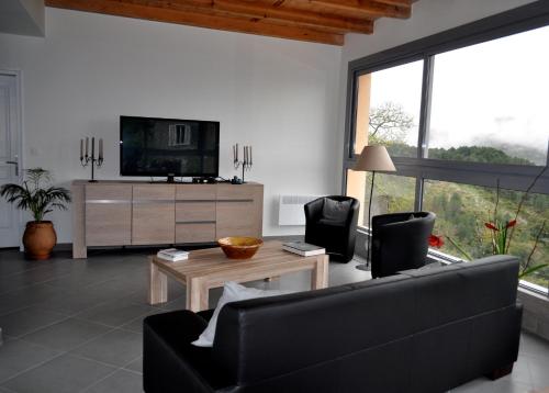 a living room with a couch and a tv at Chambres d'Hôtes Villa Cardellini in Aullène