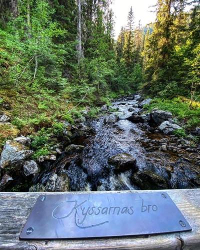 a sign that readsyssarius bro next to a river at Sonfjällsgårdens Wärdshus & Hotell in Hede