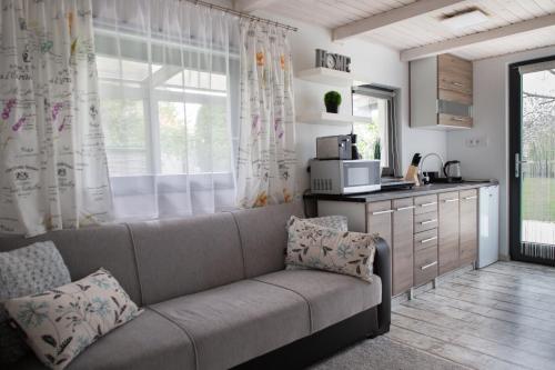 uma sala de estar com um sofá e uma cozinha em Silver House vendégház em Orosháza