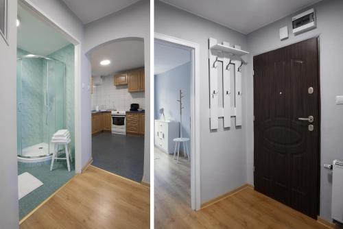 two pictures of a bathroom with a door and a kitchen at Mieszkanie w Kamienicy in Pasłęk