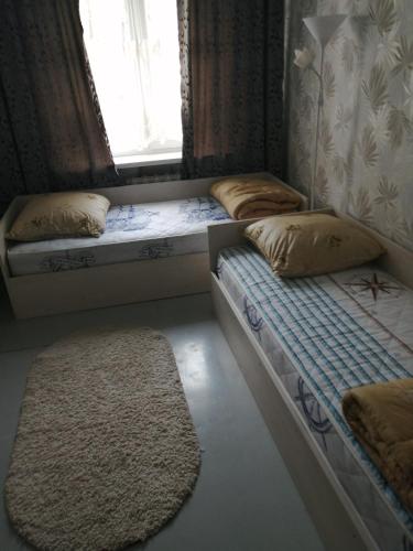 モギリョフにあるApartment on Kosmonavtov Street 20のラグと窓付きの客室で、ベッド2台が備わります。