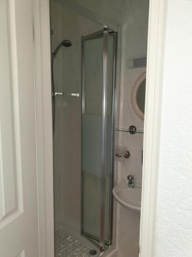 a shower with a glass door next to a sink at Bay Lodge in Penzance