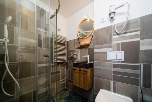 W łazience znajduje się prysznic, toaleta i lustro. w obiekcie Duett - Urban Rooms w Győr