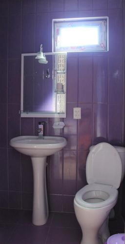 a purple bathroom with a toilet and a sink at Guest house Racha in Ambrolauri