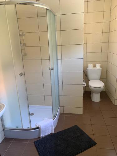 a bathroom with a shower and a toilet at Aleksander in Długopole-Zdrój