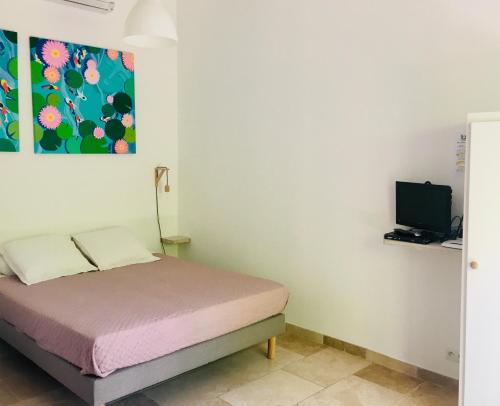 een slaapkamer met een bed en een televisie bij L'Islo Bamboo in Saumane-de-Vaucluse