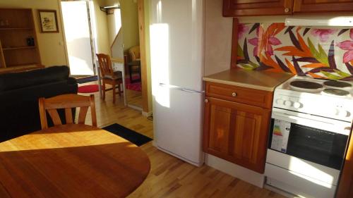 a kitchen with a stove and a refrigerator and a table at Riddarhuset in Ljungskile