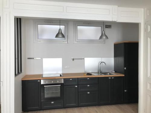 - une cuisine avec des armoires noires, un évier et deux lumières dans l'établissement La Savane du Donjon, à Rouen