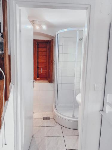 a white bathroom with a shower and a sink at Apartment Estera in Jelsa