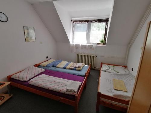 two beds in a small room with a window at Malomtavi Vendégház in Tapolca
