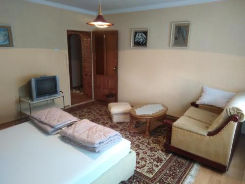 a living room with two beds and a tv at Ćane Rooms in Bela Crkva