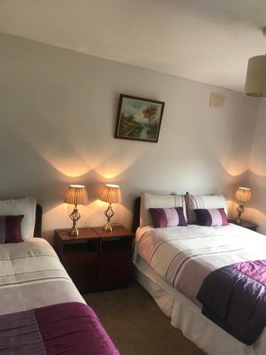 a bedroom with two beds and two lamps on tables at Marguerite's B&B in Glenties