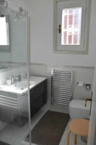 a bathroom with a sink and a toilet and a window at Casa Vacanze Mazurine10 in Torri del Benaco