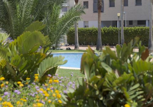 a swimming pool with trees and flowers in front of a building at Jardines de las Marinas Premium in Denia