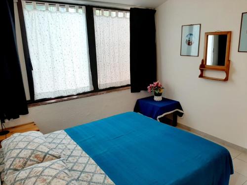 a bedroom with a blue bed and a window at Villa Very in Marina di Campo