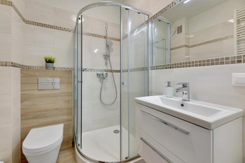 a bathroom with a shower and a sink and a toilet at TriApart Amber Jantar III in Jantar